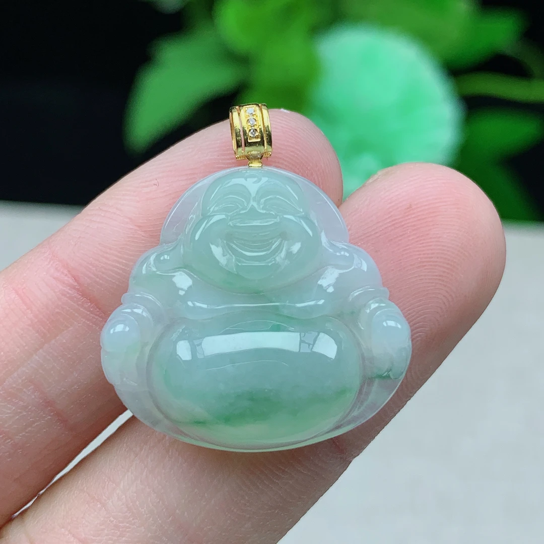 缅甸天然翡翠A货22.9-24.7-5.8玉石冰种飘花佛公吊坠礼物镶嵌精雕