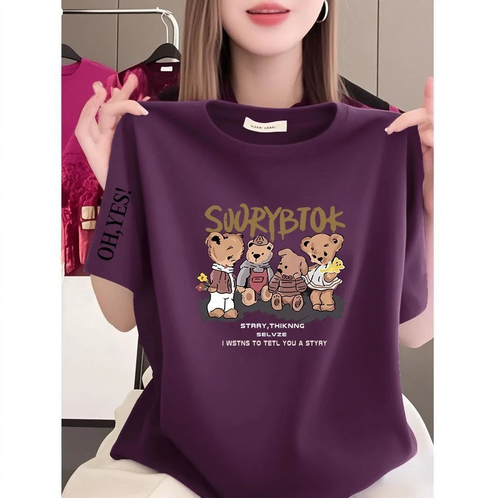 正肩纯棉短袖T恤女薄款透气宽松时尚通勤百搭复古夏季上衣显瘦潮
