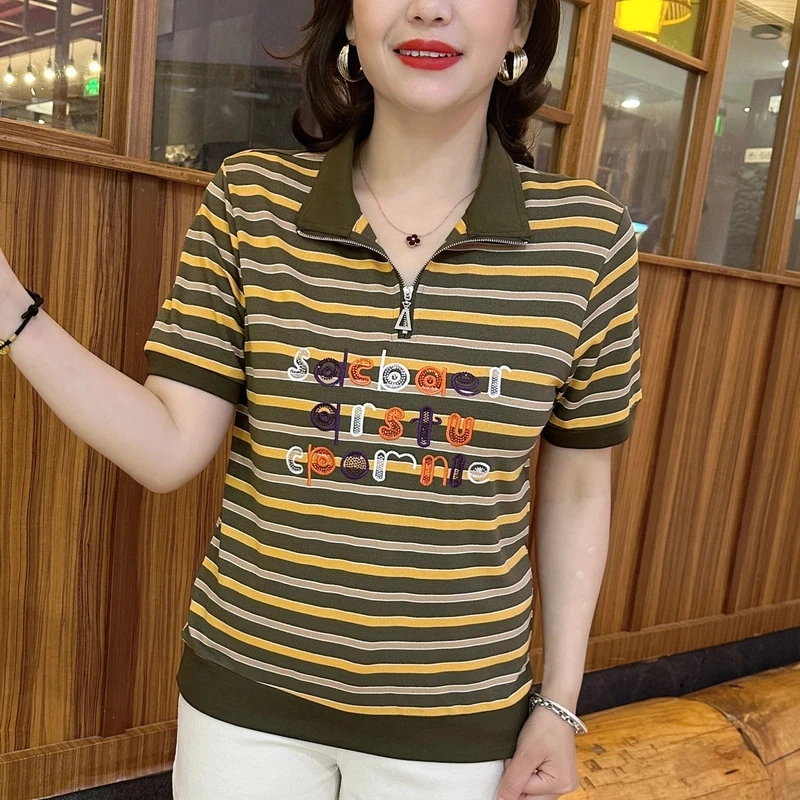 新款气质条纹百搭短袖中老年妈妈装夏季字母刺绣翻领T恤女装上衣