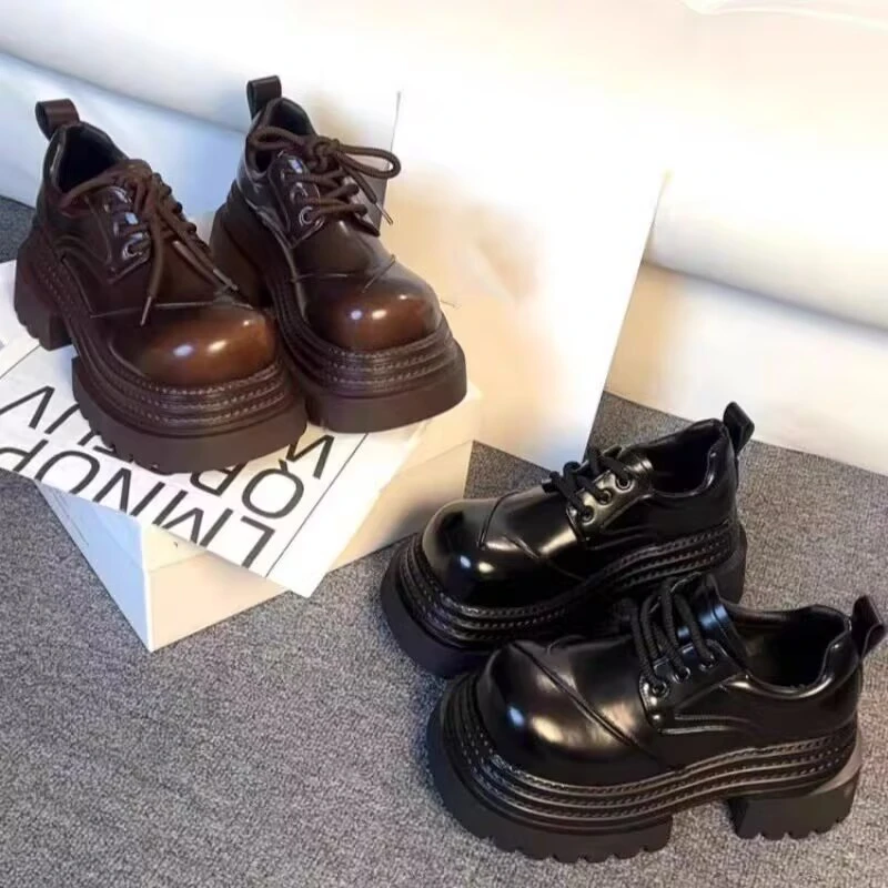 欧洲站厚底7cm英伦乐福鞋女2025早春圆头小个子增高德比皮鞋单鞋