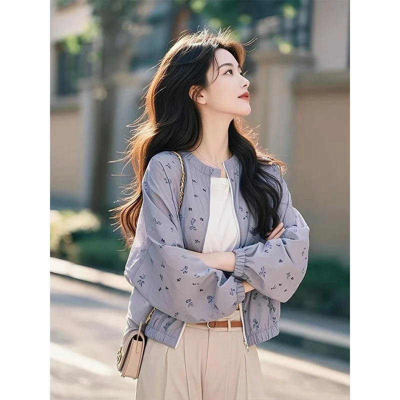 休闲短款长袖防晒衣外套女士2025夏季新款减龄慵懒碎花防晒服上衣