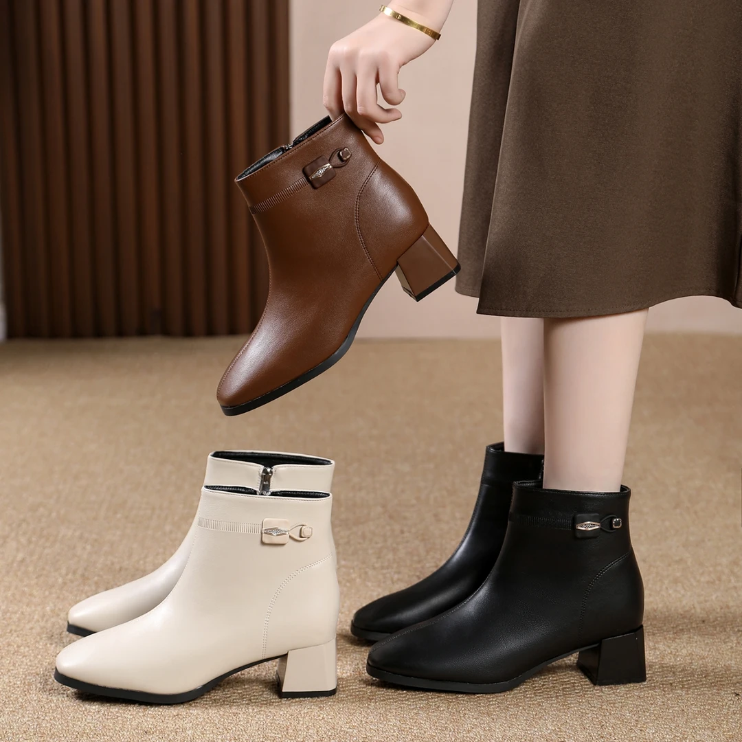 【纤芙森女鞋】25005短筒秋冬纯色马丁靴加绒靴子粗跟百搭