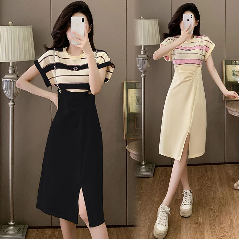 网红小个子休闲减龄卫衣裙夏季胖MM洋气假两件条纹拼接连衣裙