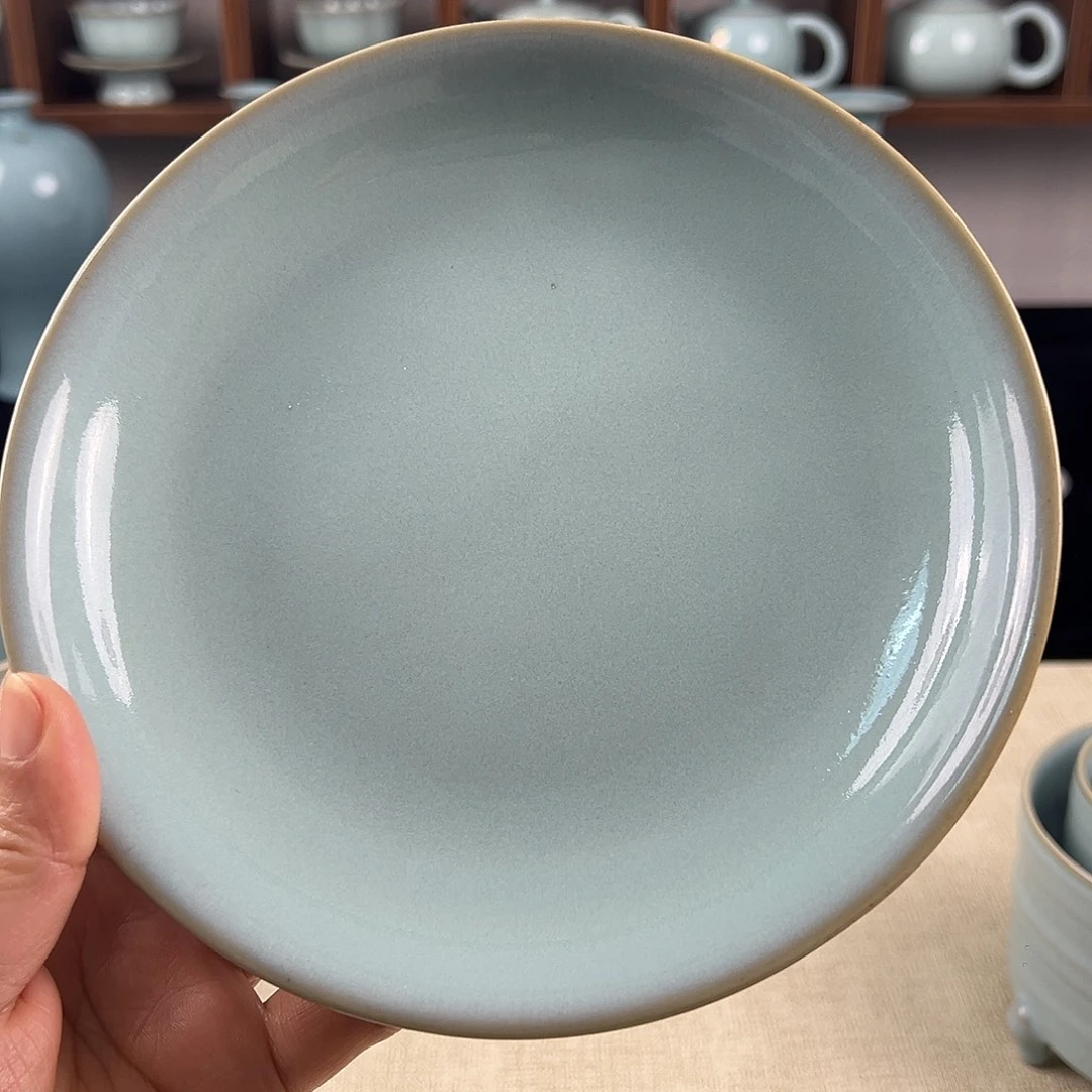 瓷摆件天青釉大号汝窑盘微瑕