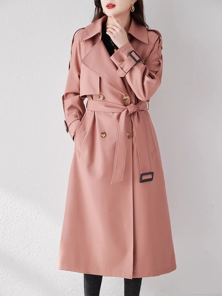 0367春秋新款粉色气质好看外套收腰大衣风衣女流行高端时尚长款