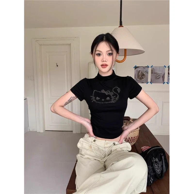 黑色猫咪烫钻高领短袖T恤女夏季收腰紧身内搭小众复古甜辣妹上衣