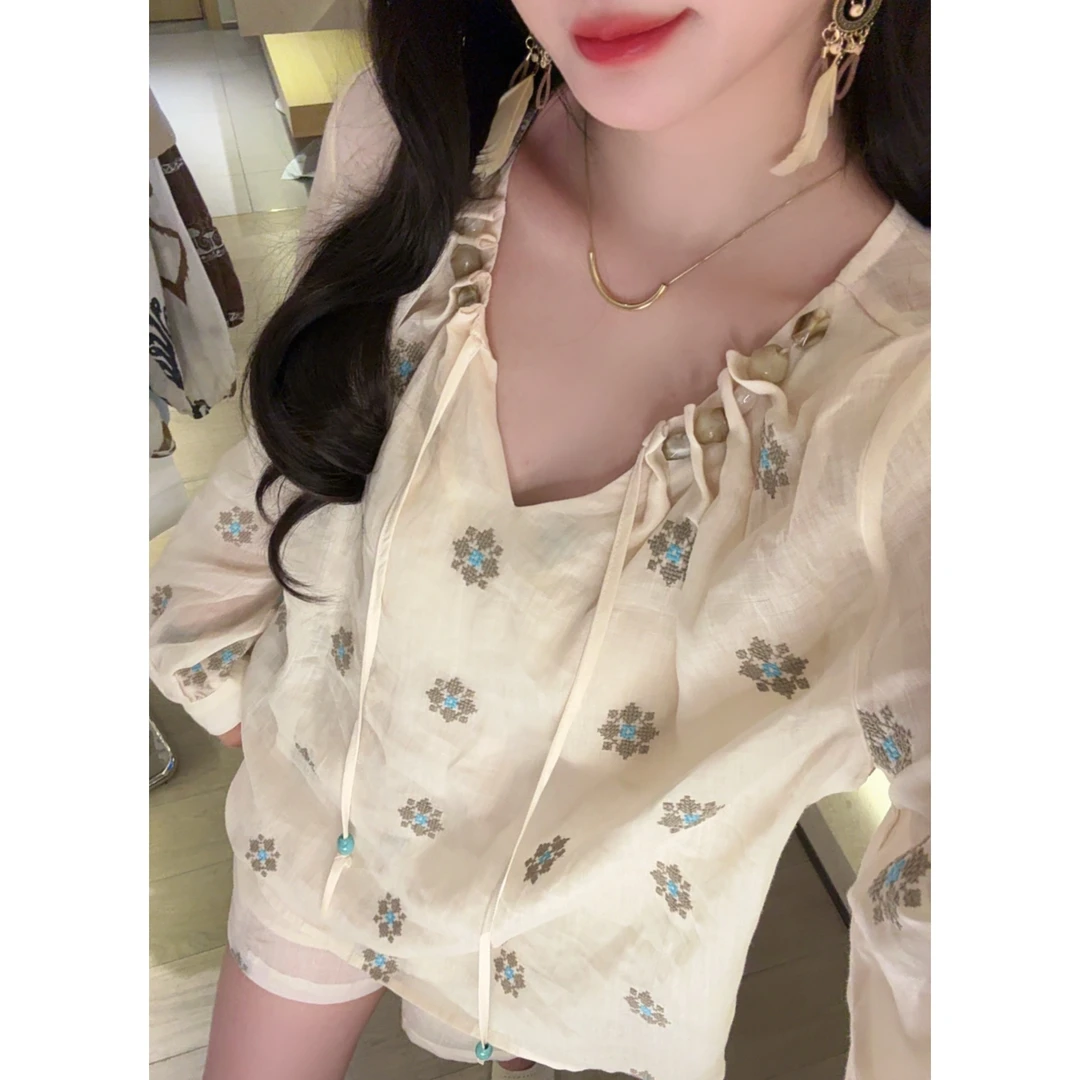 【苎麻+天丝】2025夏季新款立体刺绣领口褶皱串珠V领衬衫加短裤套装