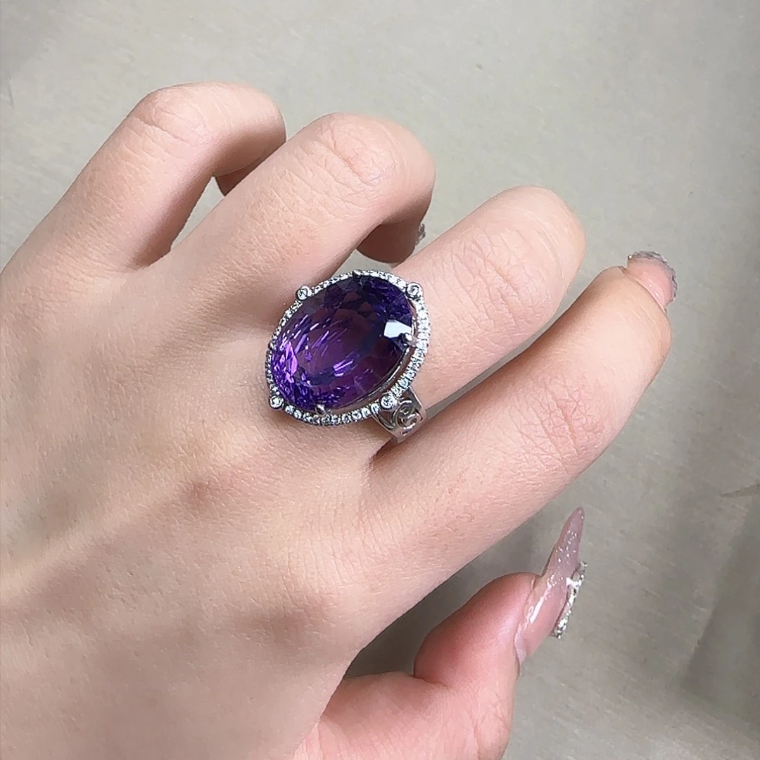 紫晶戒指银S925镶嵌豪华款乌拉圭紫水晶