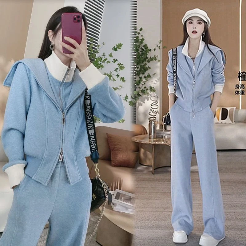 2025新款设计感冬季套装女加绒加厚假两件上衣长裤休闲时尚两件套