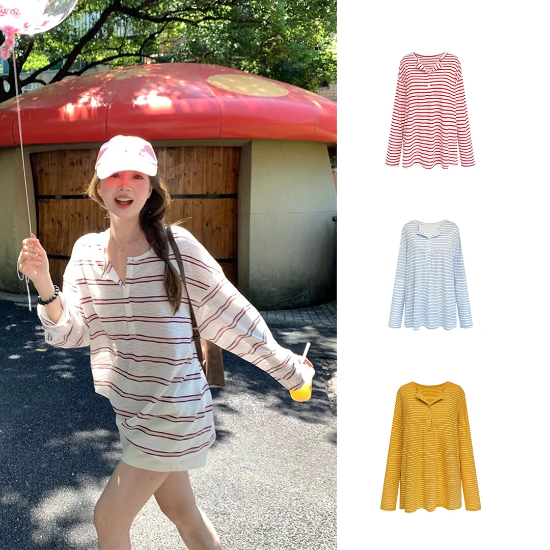 夏日松弛感宽松垂感轻薄撞色半开领上衣女薄款条纹大版防晒长袖
