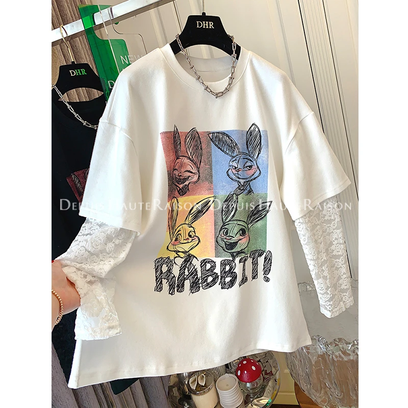 胖妹妹240斤大码拼接蕾丝长袖假两件磨毛上衣女春秋宽松独特T恤衫