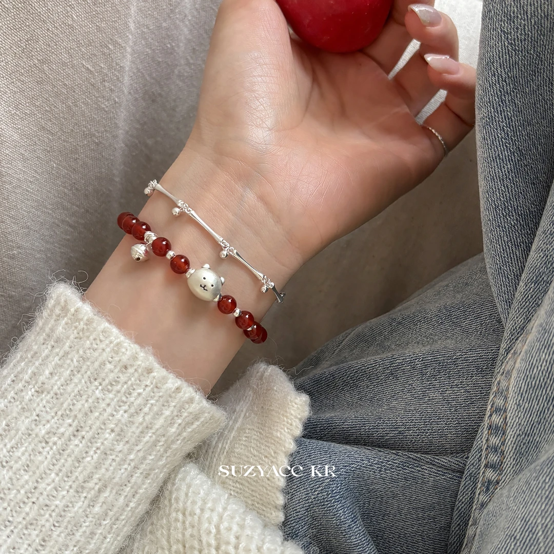 Suzyacc Kr 925银手链 小熊铃铛925银手链手工女生气质小众C2277