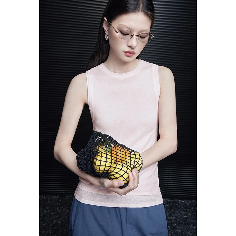 moment粉色假两件无袖背心女2025夏季新款薄款修身外穿高级感小众