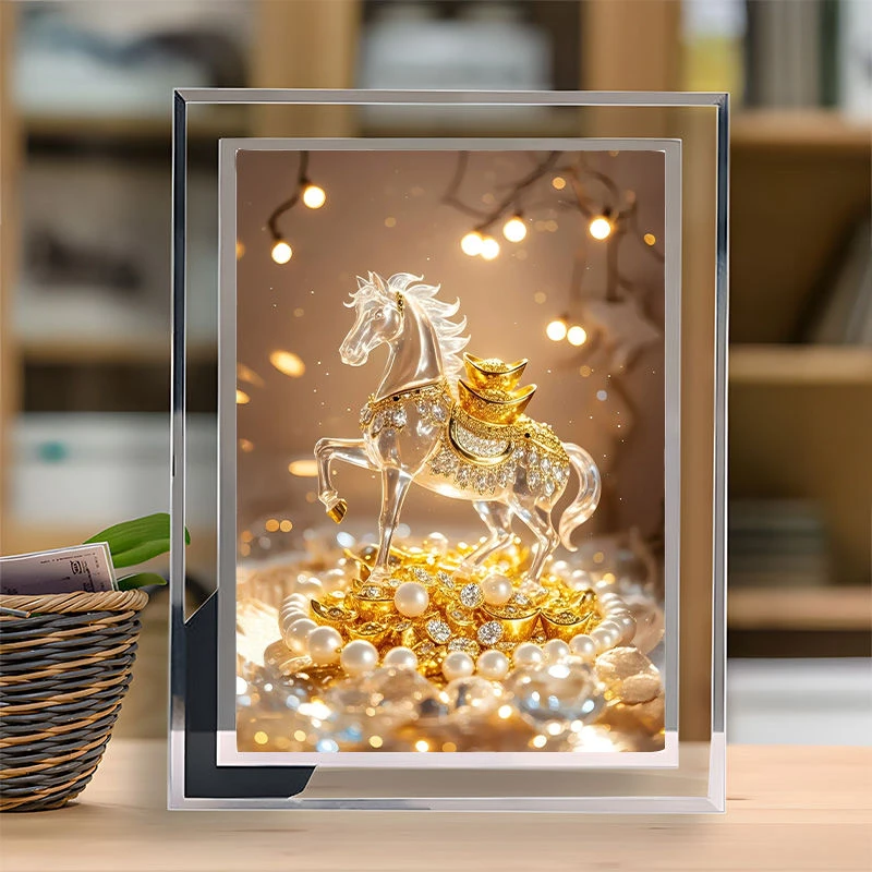 招财进宝马到成功高颜值水晶玻璃相框金色水晶马家用发财装饰摆台