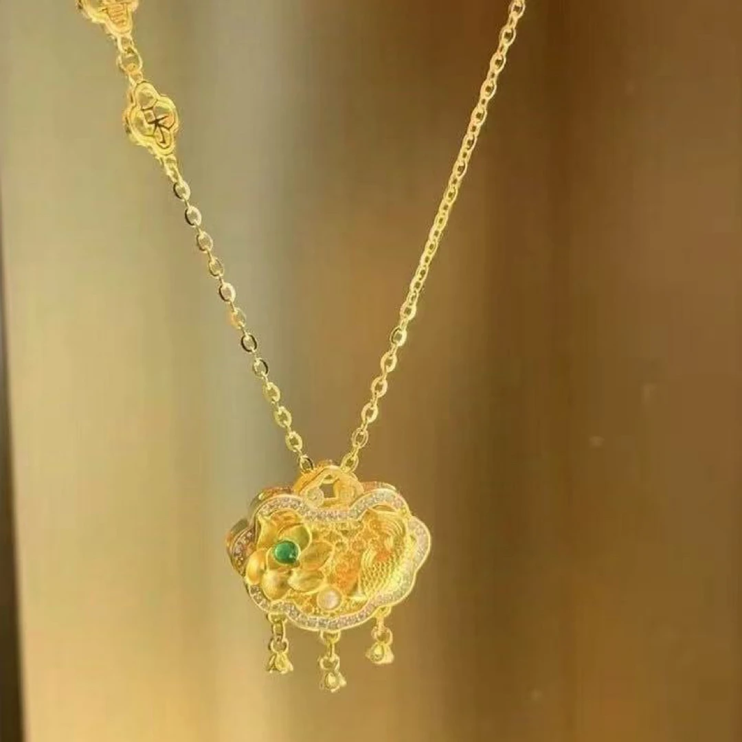 坠链均足银 足银项链   【荷塘月色锦鲤如意锁项链项9091】