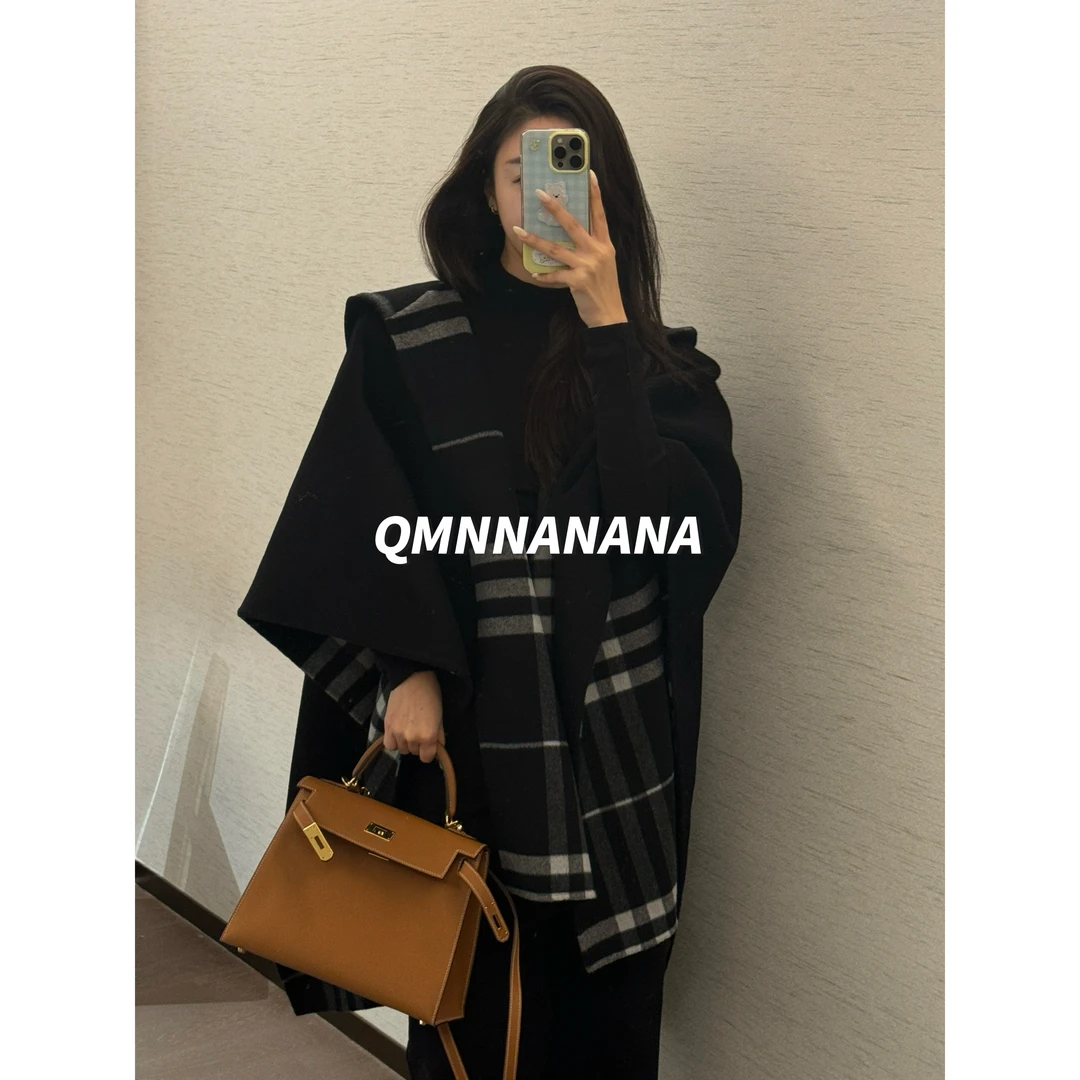 QMNNANANA S2假两件格子大版气质山羊绒大衣WT00949