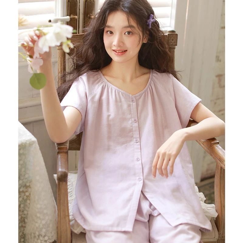 薄款女士睡衣春夏新款紫色绣花短袖七分裤家居服可外穿甜美风套装