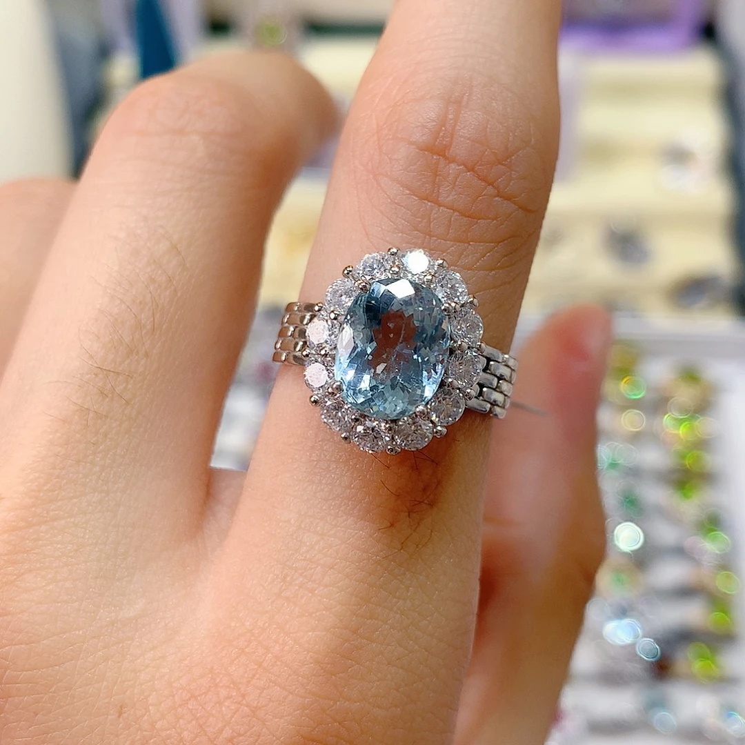 海蓝宝石银S925镶嵌戒指