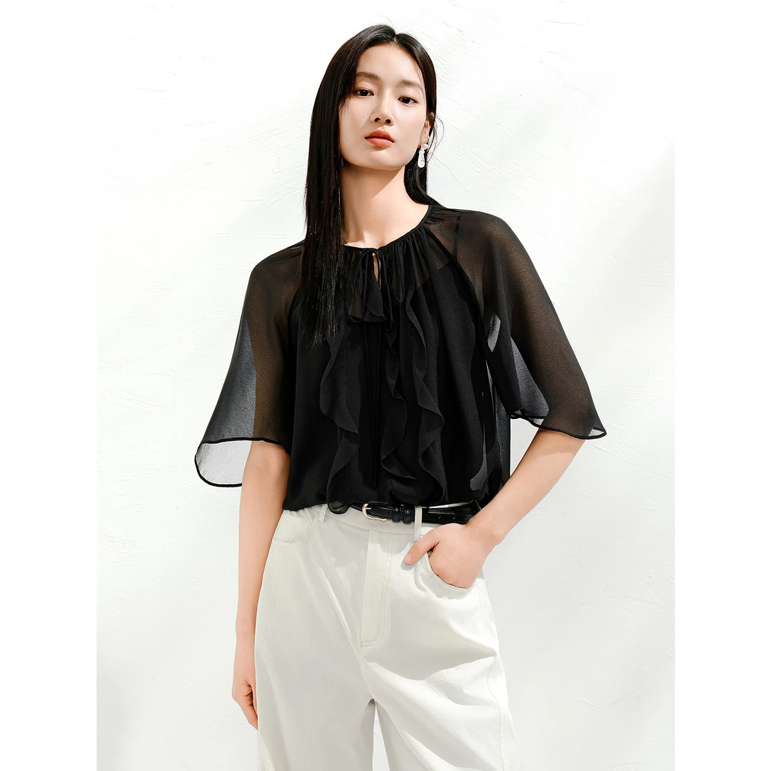 【羊羊专属】玖姿安娜蔻KWFX80103法式气质波西米亚荷叶浪雪纺衬衫