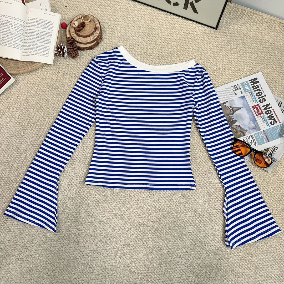 2025春季新款休闲时尚百搭条纹斜领打底长袖T恤9398