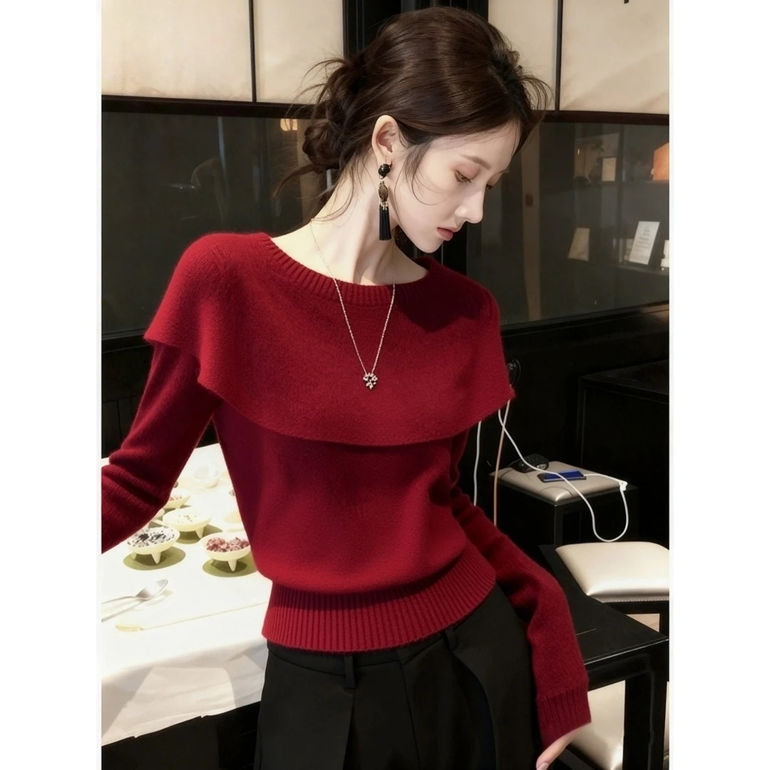 红色披肩针织衫2025冬季小众独特漂亮气质名媛高级感修身打底上衣