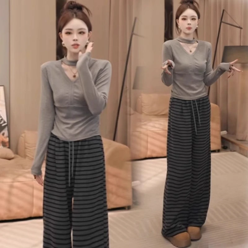女2025春秋季新款韩版百搭短款长袖灰色上衣显瘦条纹阔腿裤两件套