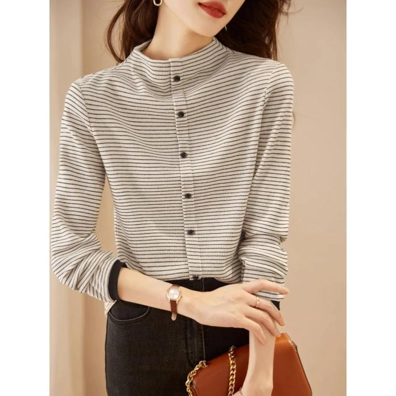 时尚显瘦长袖条纹打底衬衫女秋冬百搭新款小众衬衣洋气半高领上衣