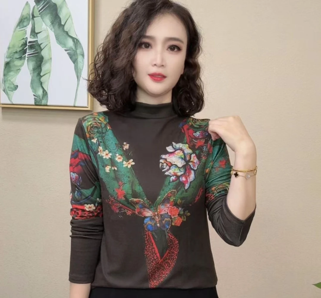 2025秋季女士半高领显瘦时尚洋气百搭印花打底衫长袖#532