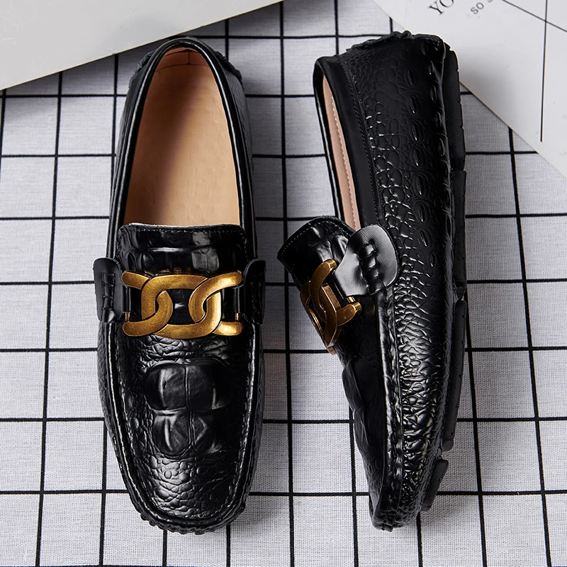 唐戈高端豆豆鞋男真皮2025夏季潮流英伦风软底鳄鱼纹潮男休闲皮鞋
