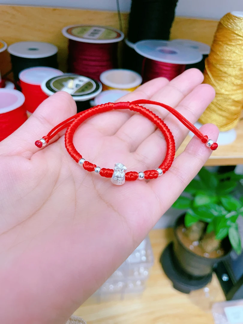 足银手链 纯银福袋六颗银珠子宝宝编织手链纯手工时尚简约可调节
