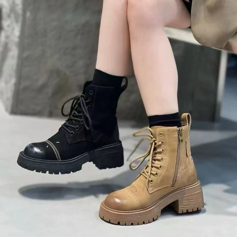 C2156 黑色  秋冬低跟圆头舒适真皮女士短靴  马丁靴