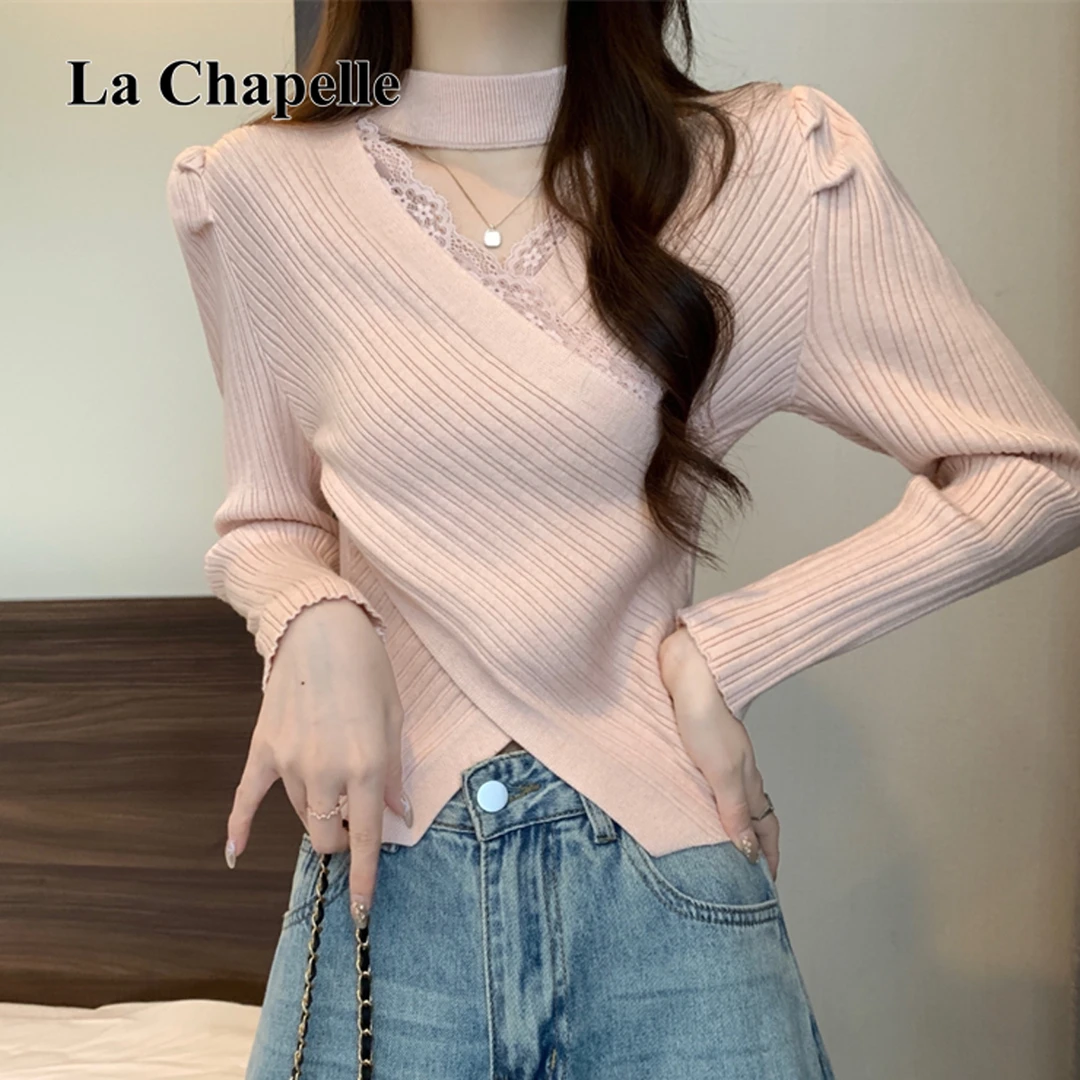 拉夏贝尔法式蕾丝拼接打底针织衫女秋冬新款潮牌韩系纯欲百搭上衣