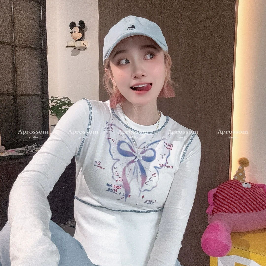 Apr.【蝴蝶T】显瘦百搭时尚圆领拼接数码直喷长袖打底T恤女春25F067