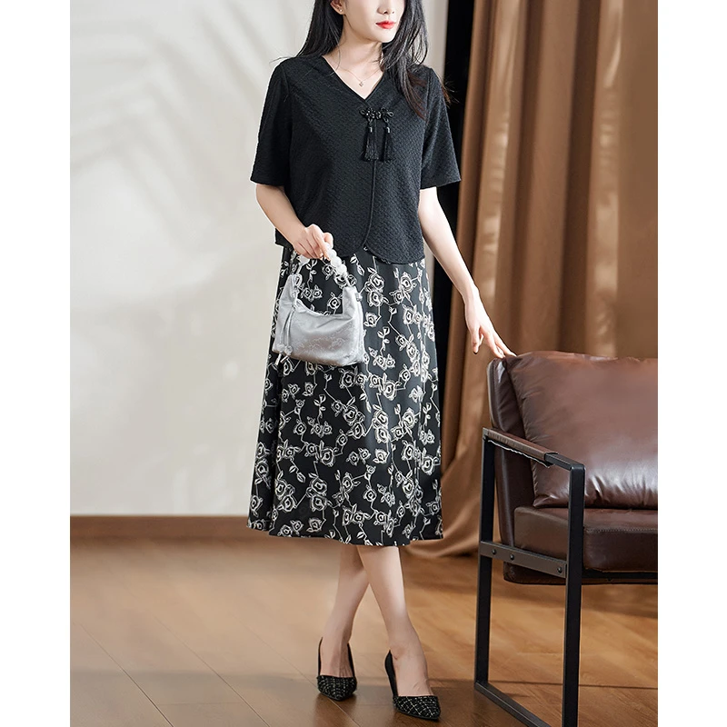 迪欧芙轻奢拼接优雅洋气减龄显瘦2025夏季新款女连衣裙#XLQ87760