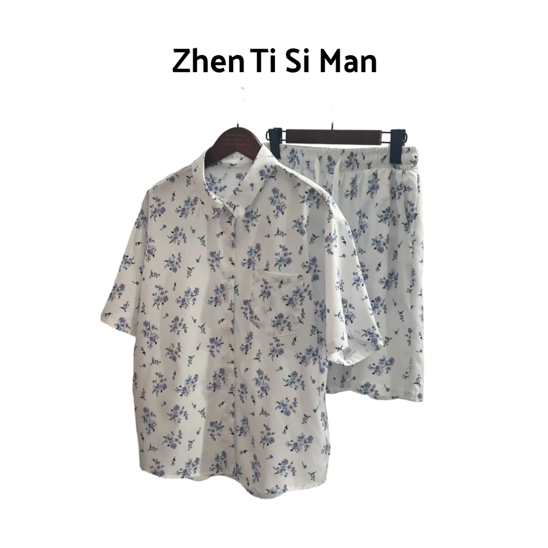 ZHENTISIMAN绮梦花影夏季沙滩短裤外穿速干慵懒风裤衩套装GU5002