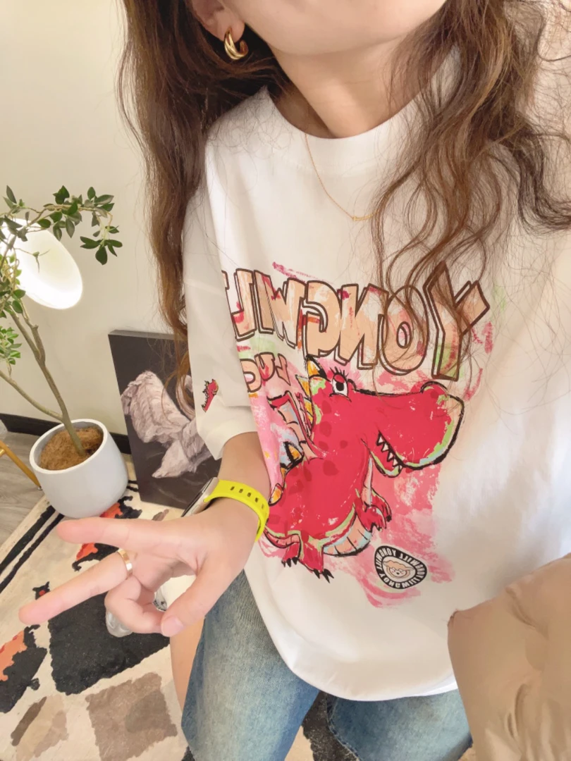 夏季yongwill小羊纸袋3303 －1手绘小飞龙棉刺绣圆领短袖T恤韩版T
