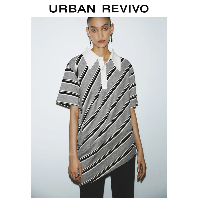 UR2025夏季新款女装潮流不规则撞色条纹棉质短袖T恤UWJ450031