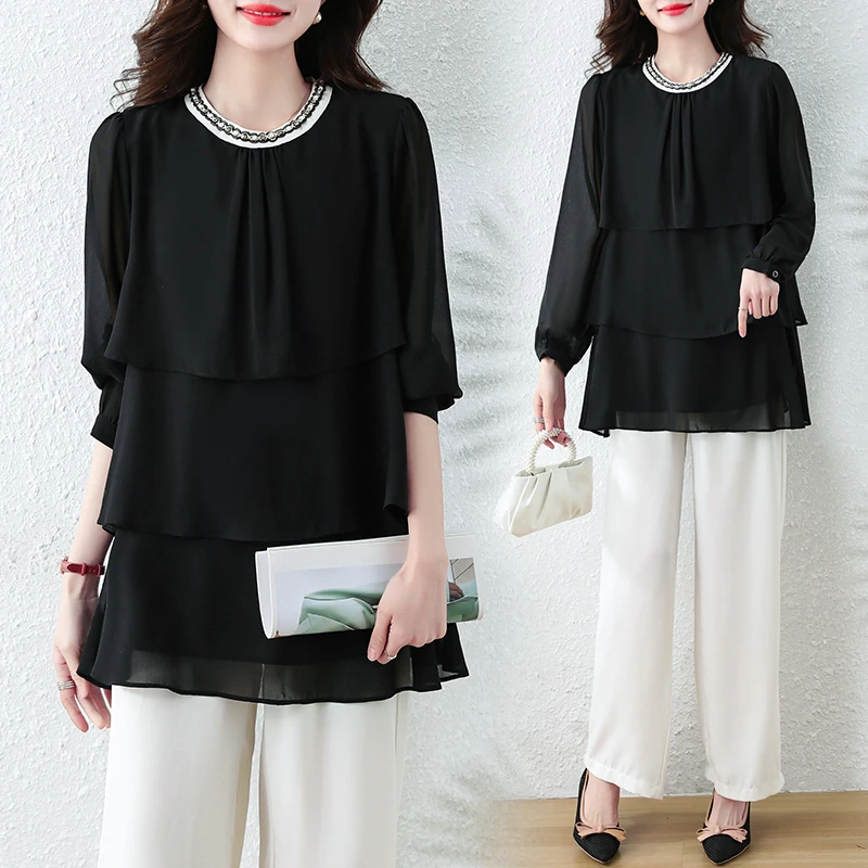 时尚钉珠大码女装2025春季新款气质小衫时尚洋气胖妹妹显瘦上衣