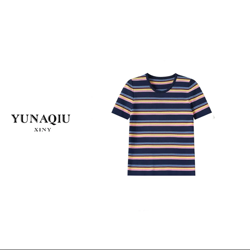 （77推荐）早春新款彩色条纹撞色圆领针织衫短袖修身百搭T恤-8462