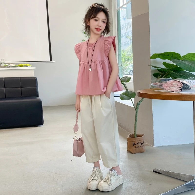 巴拉童年女童夏天套装夏季新款纯棉飞袖娃娃衫休闲宽裤中大童夏装