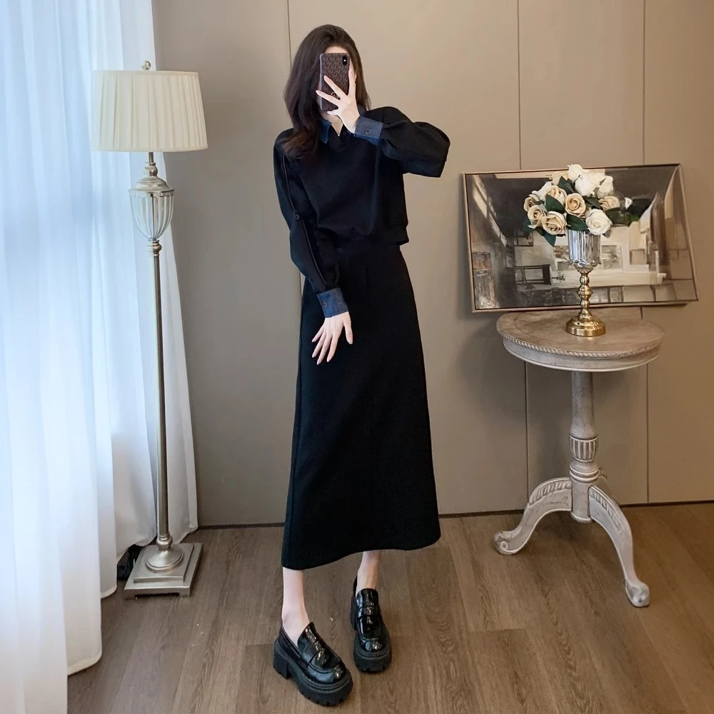 气质休闲运动套装女春秋新品时髦显瘦牛仔拼接卫衣半身裙两件套女