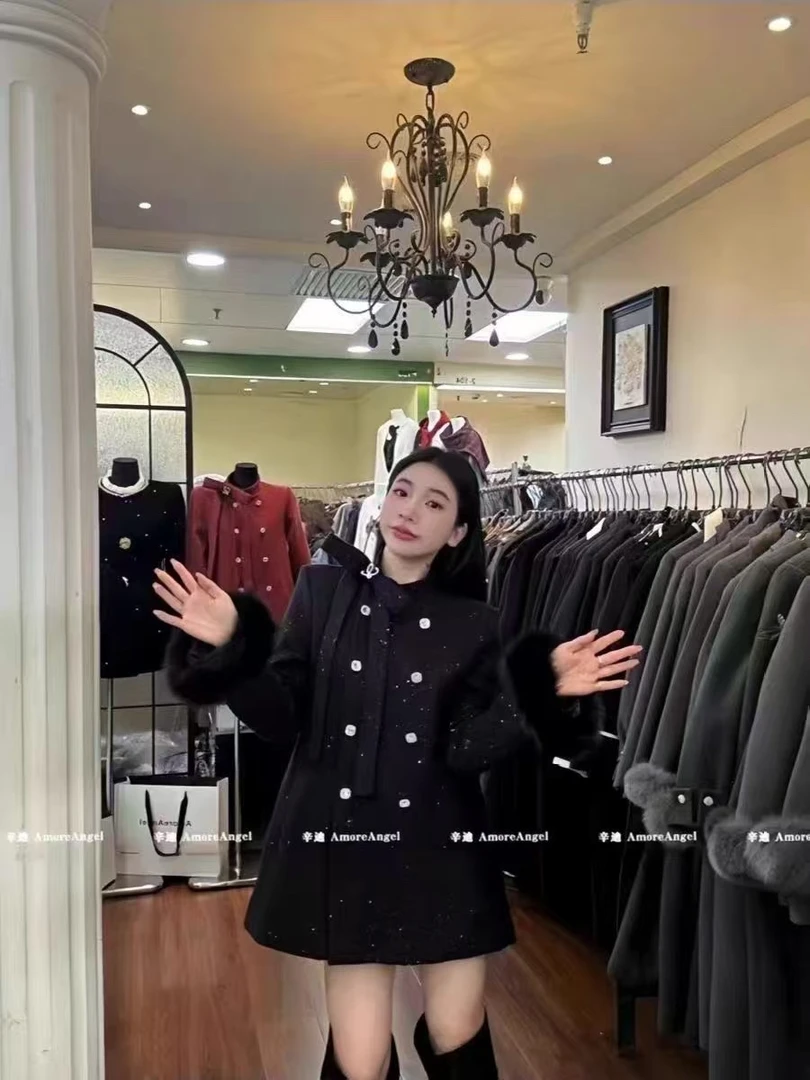 7中长款毛毛袖呢子外套