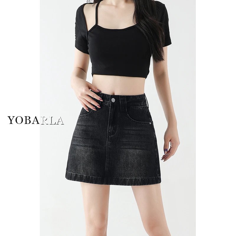 黑色牛仔短裙女夏季新款大码胖mm遮肉显瘦梨形身材高腰a字半身裙