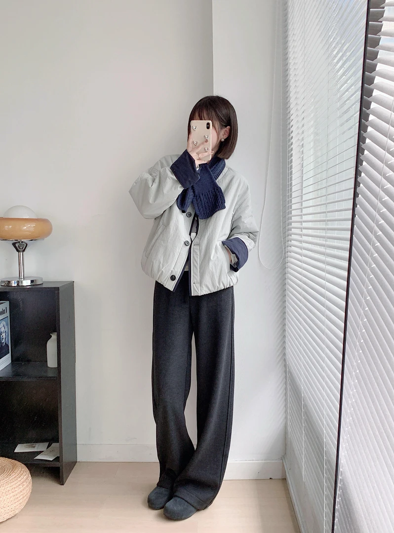 【冬日恋岛】秋冬高级感蓝色外套棉服减龄显瘦灰色休闲直筒长裤套装