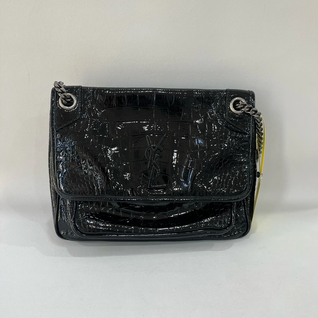 95新 YSL/圣罗兰 捐金沉珠/漆皮中号niki黑色单肩