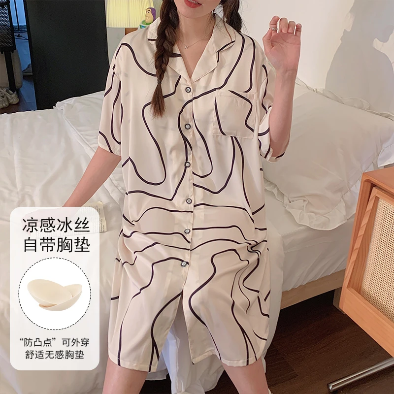 冰丝睡衣女款自带胸垫夏季薄款开衫中长款高档凉感短袖家居服睡裙