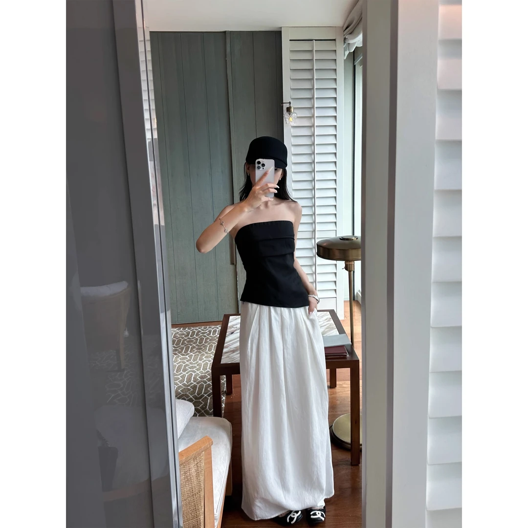 山茶coco 天丝亚麻抹胸花苞半裙套装夏季时尚显瘦两件套
