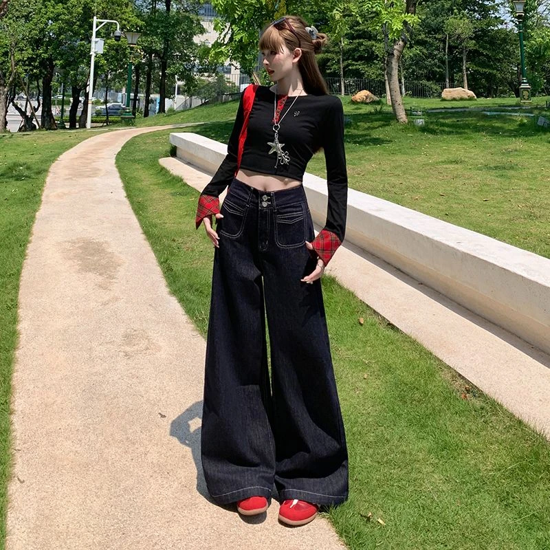 深蓝色复古阔腿牛仔裤女秋季新款小个子高腰宽松垂感宽松直筒裤子