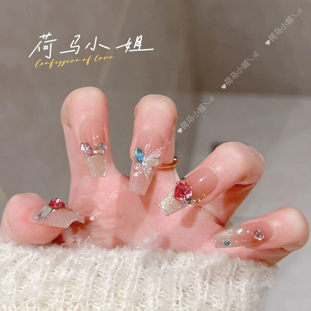 纯手工定制穿戴甲糖果派对美甲贴片可拆卸假指甲贴10片春季蝴蝶款