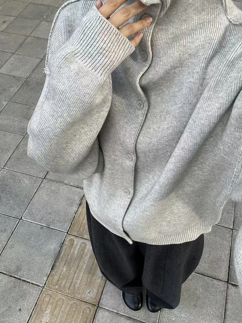 2025立领开衫复古灰慵懒风宽松针织开衫女秋冬季显瘦百搭长袖外套